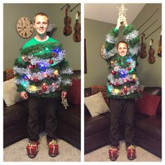 two pictures of a boy holding up a christmas tree with lights and presents on it