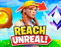 the logo for reach unreall with an image of a woman in a yellow hat