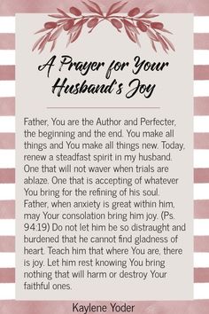 a prayer for your husband's joy with an image of the poem in pink and white