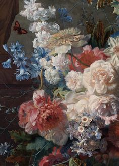 a painting of flowers in a vase on a table