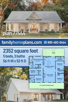 two story house plan with 3 beds, 3 baths and 2 bathrooms in the front