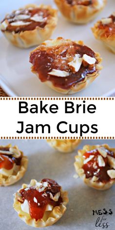 mini jam cups on a plate with the words bake brie