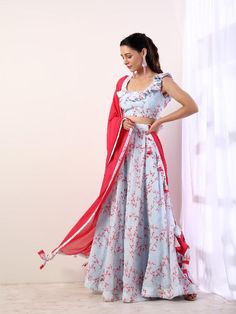 Sky Blue Ruffle Top With Lehenga Set Of 3 by Label Nitika now available at Trendroots Fitted Blue Floral Print Sharara, Fitted Digital Print Sharara For Wedding, Fitted Lehenga With Digital Print In Traditional Drape, Fitted Lehenga With Digital Print And Traditional Drape, Blue Floral Print Wedding Sets, Pink Floral Print Lehenga With Traditional Drape, Wedding Digital Print Fitted Lehenga, Spring Pink Floral Print Sharara, Floor-length Fitted Lehenga With Digital Print