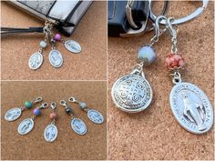 four different pictures of the same keychain with charms attached to it and an open wallet in the background