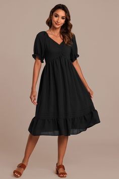 Black Textured Short Sleeve V Neck Ruffle Midi Dress V-neck Midi Dress With Ruched Bodice For Brunch, Elegant Midi Dress With Ruffle Hem And Sweetheart Neckline, Sweetheart Neckline Midi Dress With Ruffles For Date Night, Spring Midi Dress With Sweetheart Neckline And Ruffle Hem, Fitted Midi Dress With Ruffle Hem And Empire Waist, Summer Midi Dress With Ruffle Hem And Sweetheart Neckline, Sweetheart Neckline Dress With Ruffle Hem For Date Night, Chic Dress With Ruffle Hem And Sweetheart Neckline, Chic Sweetheart Neckline Dress With Ruffle Hem