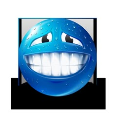 a blue smiley face with water droplets on it's teeth and eyes, all in the shape of a ball