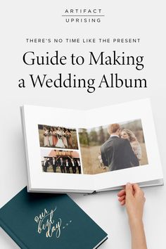 a person holding an open wedding album with the title guide to making a wedding album