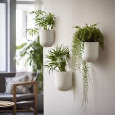 three white planters are hanging on the wall next to a couch and chair in a living room