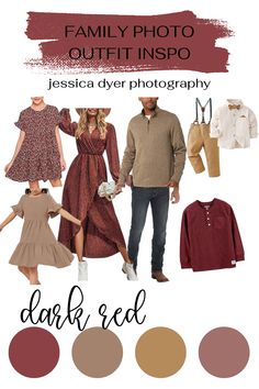 family photo outfit inspo with dark red, brown and tan colors for the fall / winter