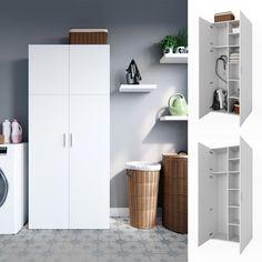 three different views of a laundry room with washer, dryer and cabinets in it