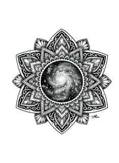 a black and white drawing of a star in the center of a flower with an intricate design