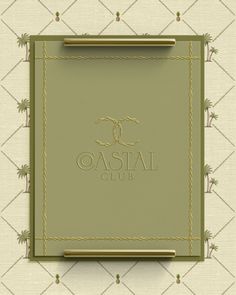 the oasis club logo is shown in gold on a green frame with palm trees behind it