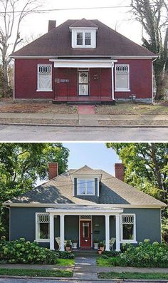 before and after pictures of a red house