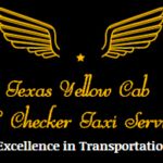 the logo for texas yellow cab and checker taxi service, which is located in front of