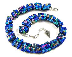 "Dichroic Glass Link Necklace - Chunky Ripple Fused Glass - Blue Green Pink Purple Textured - Layered Abstract Design - Custom Made Hand Crafted  Only available by special order. You can have input on the color theme. This features blues. But we can make something similar in pink-purple, or blue-grees colors as well, or the diamond-like clear dichroic~! Length 16\" with a 2\" adjuster chain (41cm with 5cm chain) is the smallest size with 21 Links, adding links adds length. We would be making thi Dichroic Glass, Red Blue Green, Link Necklace, Wow Products, Metal Chain, Fused Glass, Matching Earrings, Link Bracelets, Abstract Design