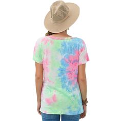 Pink Hollow Out Tie Dye Tees Multicolor Crew Neck Short Sleeve Summer Top, Multicolor Crew Neck Short Sleeve Top For Summer, Tie Dye Short Sleeve Top For Summer, Multicolor Crew Neck Short Sleeve Top For Spring, Tie Dye Short Sleeve Vacation Top, Tie Dye Short Sleeve Top For Vacation, Multicolor Crew Neck Top For Vacation, Casual Tie-dye Top For Spring, Casual Tie Dye Tops For Spring