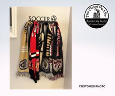 Customers image of a Soccer medal rack displaying their soccer scarves Soccer Medals, Medal Hangers, Medal Rack, Small Business Signs, Medal Holders, Display Area, Medal Hanger, Medal Display, Sports Awards