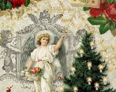 an angel standing next to a christmas tree with red roses on it's side