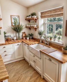 a kitchen with white cabinets and wooden counter tops, potted plants on the window sill