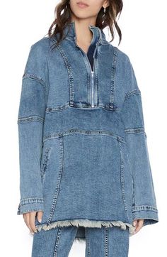 A beloved popover style gets a denim makeover in a fringe-finished jean jacket you'll reach for on repeat. Stand collar 95% cotton, 4% polyester, 1% spandex Machine wash, tumble dry Imported Long Sleeve Washed Blue Denim Top With Frayed Hem, Washed Blue Long Sleeve Denim Top With Frayed Hem, Medium Wash Denim Top With Frayed Hem For Fall, Fall Denim Top With Frayed Hem In Medium Wash, Fall Medium Wash Denim Top With Frayed Hem, Washed Blue Denim Top With Frayed Hem For Fall, Light Indigo Long Sleeve Denim Top For Fall, Long Sleeve Dark Wash Denim Top With Frayed Hem, Trendy Light Indigo Denim Top For Fall