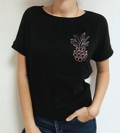 Pineapple fruit print holiday t-shirt, Hand embroidered black women's cute t-shirt, gift for her, Ch Black Embroidered T-shirt For Summer, Black Floral Embroidered T-shirt For Summer, Trendy Black T-shirt For Gift, Casual T-shirt With Floral Embroidery For Gift, Black T-shirt With Floral Embroidery For Summer, Black Floral Embroidery T-shirt For Summer, Black Embroidered Summer T-shirt, Pineapple Embroidery, Nike Air Women