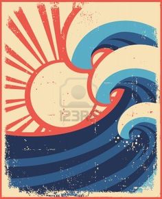 an abstract poster with waves and sun