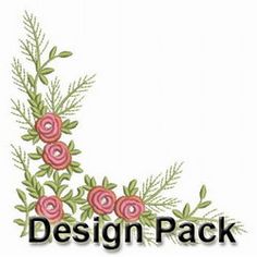 the words design pack are in front of a white background with pink flowers and green leaves