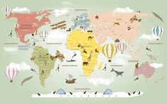 an illustrated map of the world with animals and hot air balloons