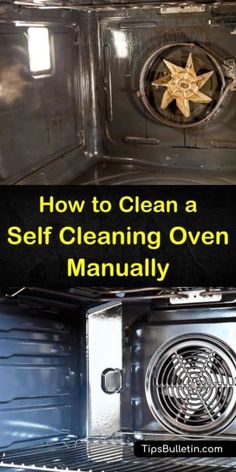 an oven with the words how to clean a self cleaning oven manual on it's side