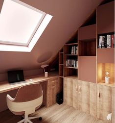 a room with a desk, chair and bookshelf under a slanted skylight