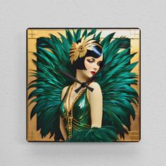 a square clock with a painting of a woman dressed in green and gold feathers on it