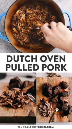 dutch oven pulled pork recipe in a blue pot with text overlay that reads dutch oven pulled pork