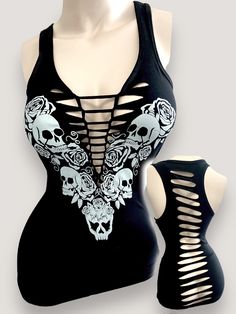 Love to Death Skulls & Roses Braid Back Tank- Black – Demi Loon Cut Clothes Diy, Skull Wings Tattoo, Loon Art, Motorcycle Babe, Goth Tops, Biker Clothing, Diy Cut Shirts, Skull Wings, Harness Fashion