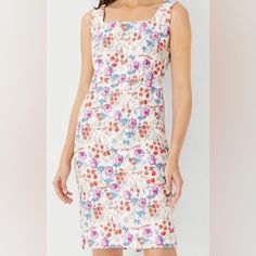 The Floral Sleeveless Square Neck Sheath Dress From Ann Taylor Winter White, New With Tags Fitted Multicolor Sleeveless Dress For Garden Party, White Sleeveless Dress With Straight Neckline For Spring, Feminine Fitted Sleeveless Dress With Floral Print, Fitted Sleeveless Dress With Square Neck For Spring, Fitted Sleeveless Cotton Dress With Floral Print, Fitted Cotton Sleeveless Dress With Floral Print, Sheath Sleeveless Dress For Summer, Spring Sheath Sleeveless Dress, Spring Sheath Sleeveless Lined Dress