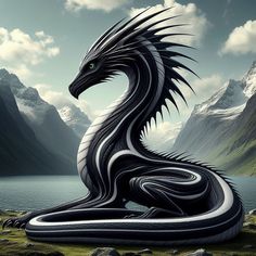 a black and white dragon sitting on top of a grass covered field