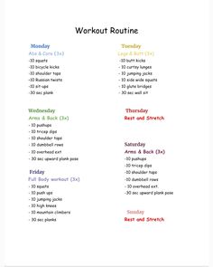 the workout routine is shown in red and green