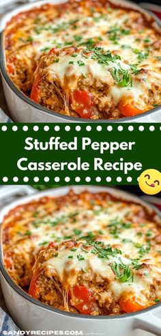 stuffed pepper casserole recipe in a pan with cheese and herbs on the top