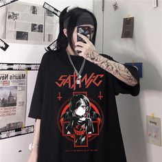 vintage anime cartoon t shirt harajuku women clothes gothic tshirt streetwear print loose tops Korean summer black t-shirt Dark Punk, Harajuku Clothes, Gothic Shirts, Harajuku Women, Korean Summer, Vintage Clothing Stores, Grunge Streetwear, Cartoon Outfits, Aesthetic Women