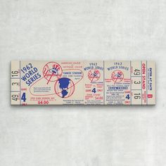 a ticket for the 1932 world series is shown in red and blue on a white background