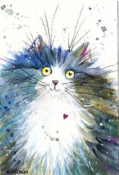 a watercolor painting of a cat with yellow eyes and whiskers on its fur