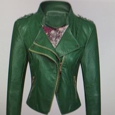 Designer Faux Leather Zip-Up Racer Jacket. Beautiful Casual Design For Any Outfit. Color: Green Size: S Trendy Green Leather Winter Jacket, Trendy Green Leather Jacket For Winter, Green Leather Jacket For Work, Chic Green Biker Jacket For Winter, Chic Green Leather Outerwear, Chic Green Leather Jacket For Fall, Chic Green Leather Jacket, Chic Green Biker Jacket For Fall, Chic Green Leather Jacket With Zipper