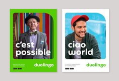 two brochures designed to look like the same people in different countries, each with an image of a man wearing a red hat