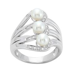 Elevate your look with this sterling silver openwork ring. Freshwater cultured pearls and diamonds create a uniquely beautiful stacked design you're sure to love. Comes in a gift box. Click on this JEWELRY & WATCHES GUIDE to learn about fit, styles, materials and more!RING DETAILS Width: 1 in. Metal: rhodium-plated sterling silver CULTURED PEARL DETAILS Type: freshwater Shape: round Size: 5-6 mm Color: white DIAMOND DETAILS Total weight: 1/10 ct. Cut: round Color grade: G-I Clarity: I2-I3 Settin Pearl Stacking Ring, Right Hand Rings, Freshwater Cultured Pearls, Stacking Ring, Pearl Ring, Cultured Pearls, White Diamond, Diamond White, Rhodium Plated