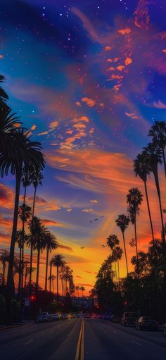 the sun is setting behind palm trees on the side of the road with stars in the sky