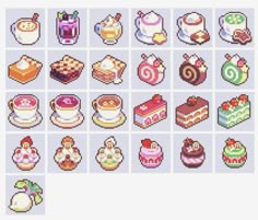 the pixel art shows different types of cakes and desserts, including cupcakes