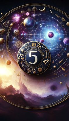 an astrological clock surrounded by planets and stars in the sky, with numbers on each side