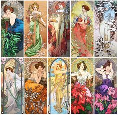 six different types of art nouveauist paintings with women in dresses and flowers on them