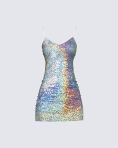 Show the crowds that you're great at reflecting 😂 but actually, this mini dress will have you sparkle and shine like an otherworldly gem 💎 Euphoria Dresses, Shine Clothes, Tour Outfits Ideas, 2000s Mini Dress, Alien Dress, Rainbow Sequin Dress, Neon Pink Dress, Holographic Dress, You're Great