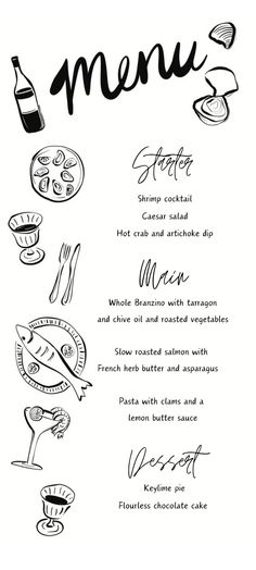 a menu for a restaurant with food and drinks on the table, handwritten in black ink