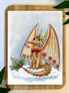 a christmas card with a dragon wearing a red bow